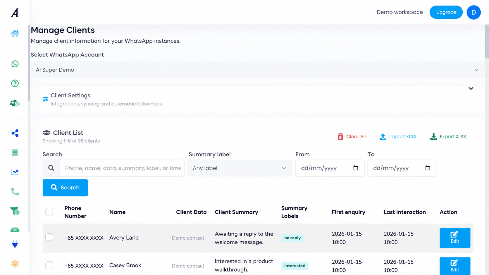 AI Bot Super Clients screen edited with fictional demo data and masked contact details