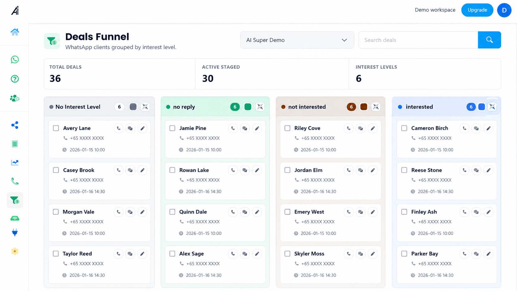 AI Bot Super Deals Funnel screen edited with fictional demo data and masked contact details
