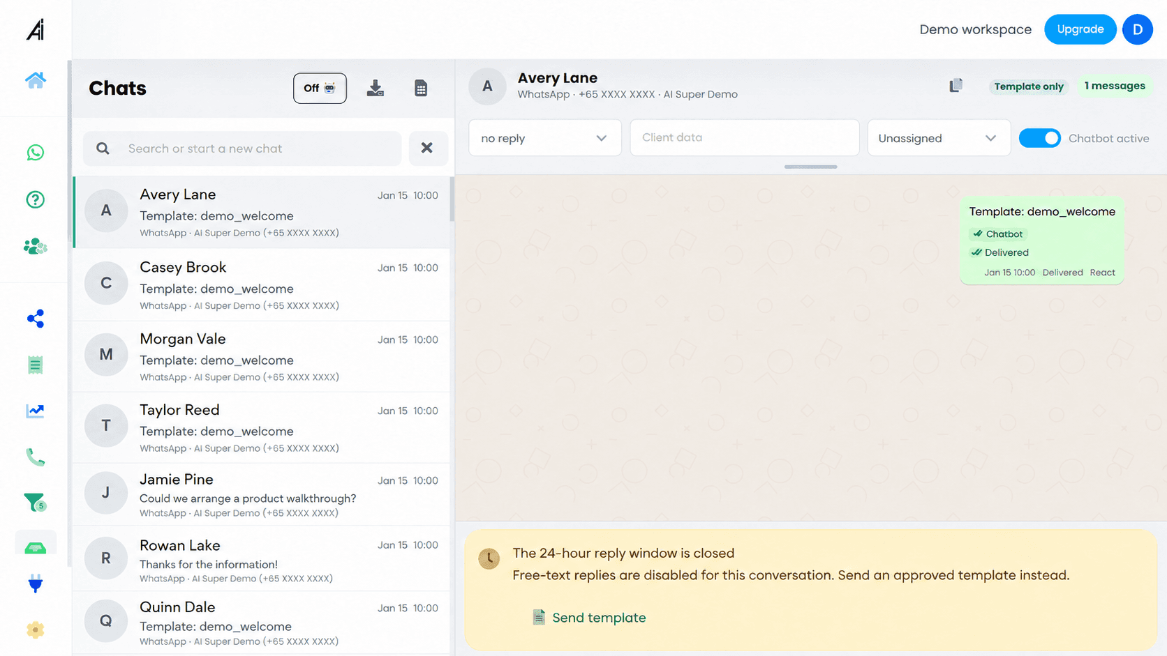 AI Bot Super Inbox screen edited with fictional demo data and masked contact details