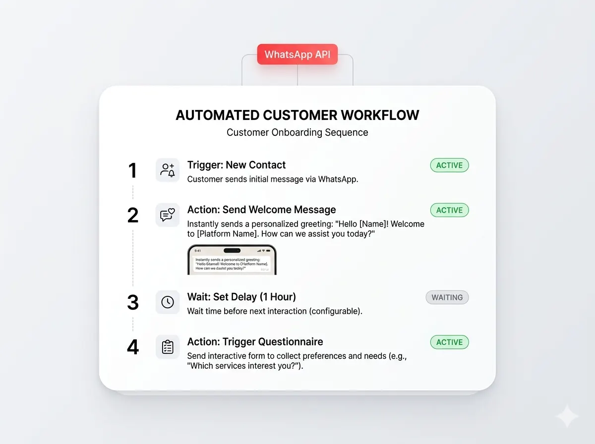 Automation flow interface showing welcome message and questionnaire steps