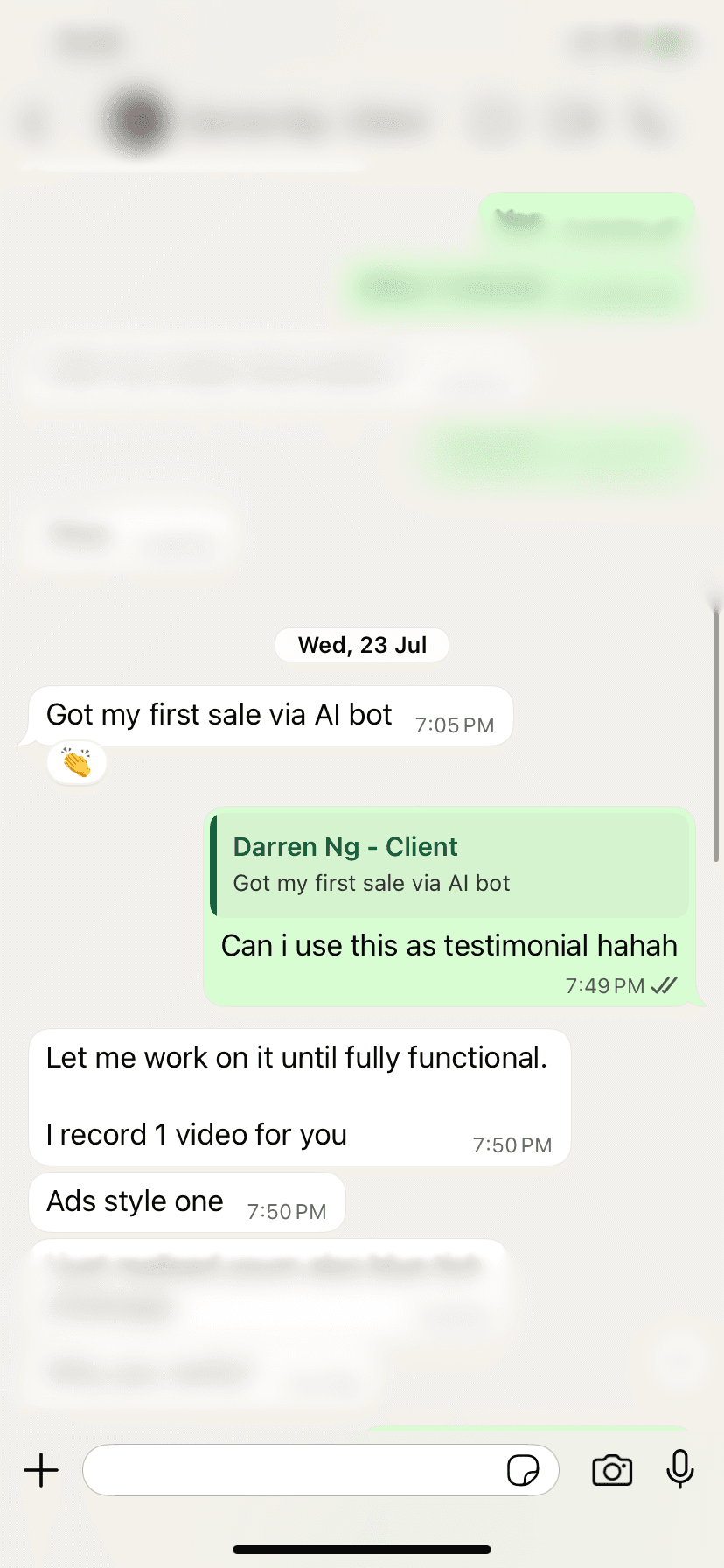 WhatsApp testimonial from Darren Ng saying he got his first sale through the AI bot