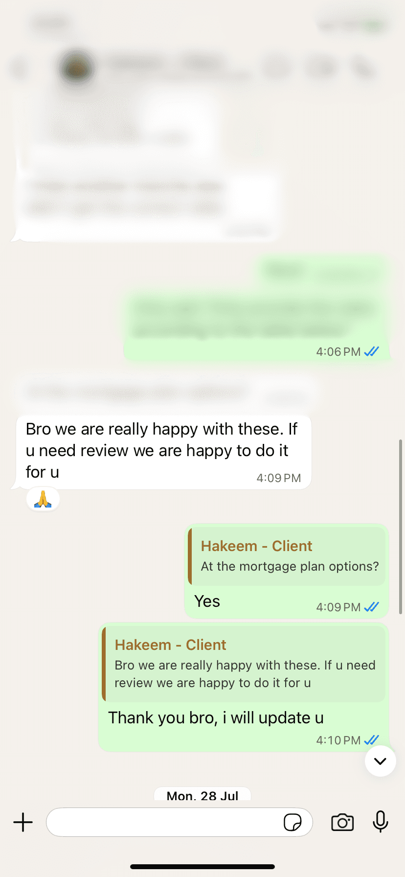 WhatsApp testimonial from Hakeem saying he is really happy with AI Super
