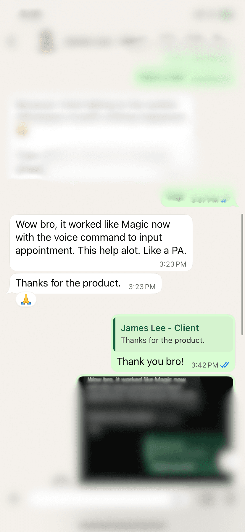 WhatsApp testimonial from James Lee describing AI Super as working like magic and helping like a personal assistant